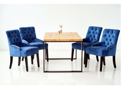 Modern Dining room Set Designer Wooden Table with Blue and Chesterfield Chairs